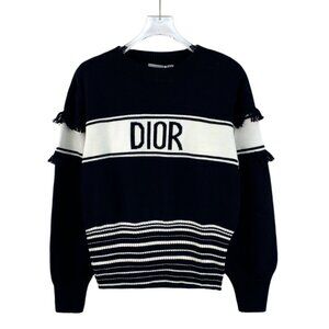 Christian Dior Womens Striped Wool Knit Sweater Black & White Round-Neck Long-Sl